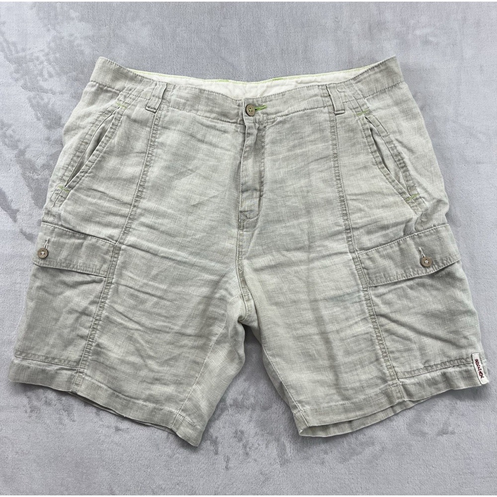 Tommy Bahama Short Men 38 Beige Relax Cargo 100% Linen Wood Button Summer Beach